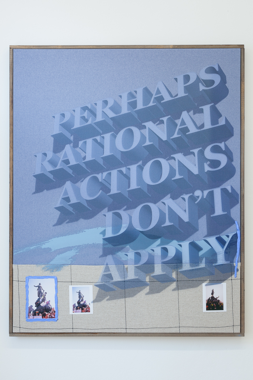 Philipp TimischlPerhaps Rational Actions Don‘t Apply, 2020,Acrylic paint, UV-Di- rect Print and photos on fabrics stained wooden frame, 100x80cm