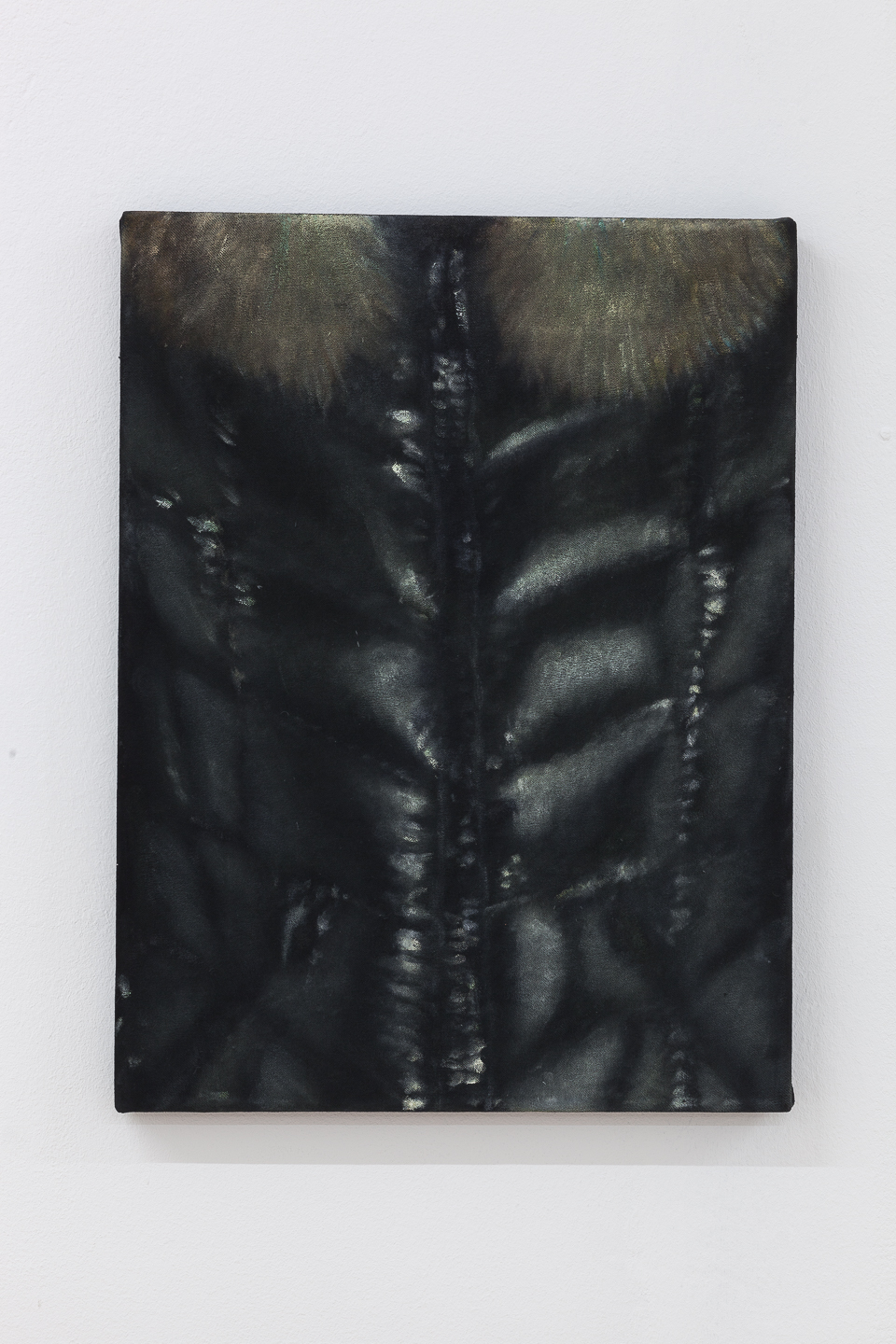 Issy Wood*1993 in US, lives and works in London Recent men and their clothes, 2020Oil on linen, oil an velvet, oil on burlap 40 x 30 cm each of five panelsoverall installed dimensions variable