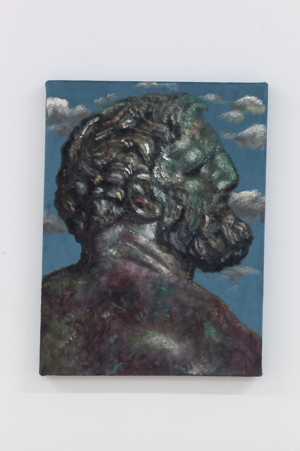 Issy Wood*1993 in US, lives and works in London Recent men and their clothes, 2020Oil on linen, oil an velvet, oil on burlap 40 x 30 cm each of five panelsoverall installed dimensions variable